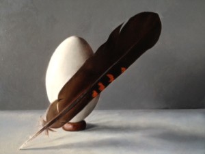 Ka's finished still life painting of a swan egg and cockatoo feather