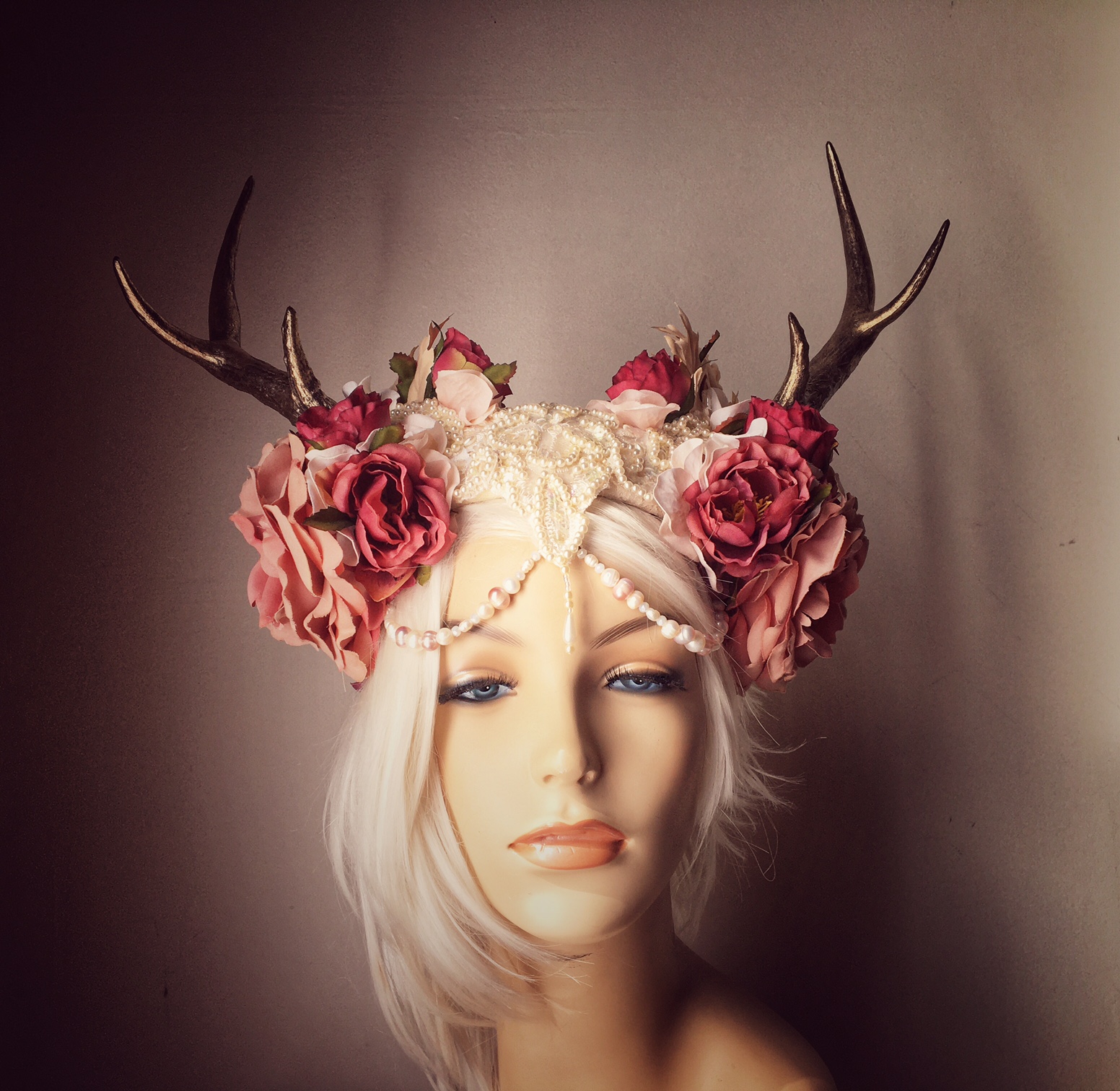 Rose & Pearls Deer Headdress SOLD - Serpentfeathers